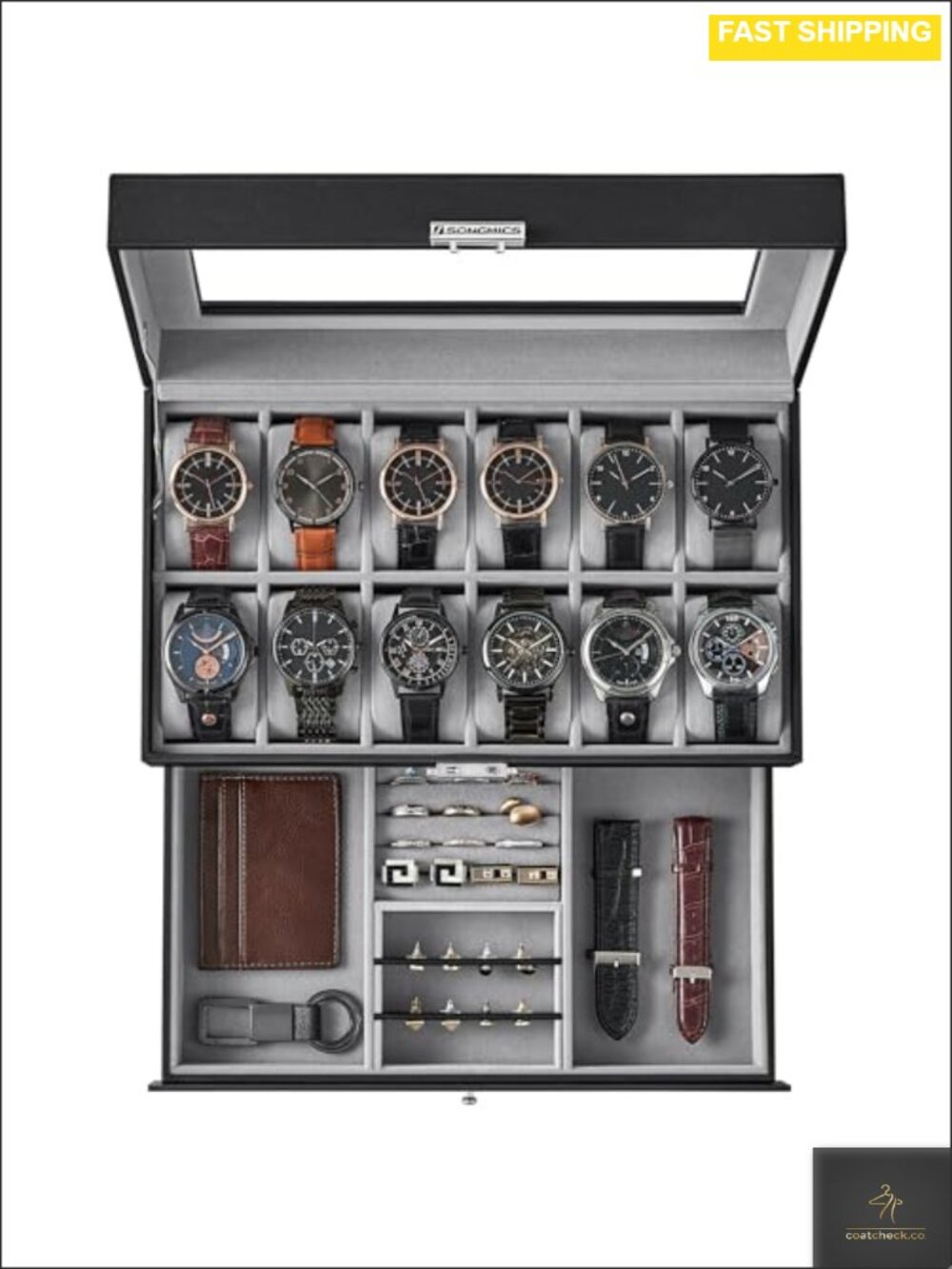 12-Slot Watch Box Organizer with Glass Lid, 2-Layer Jewelry Storage Case, Metal